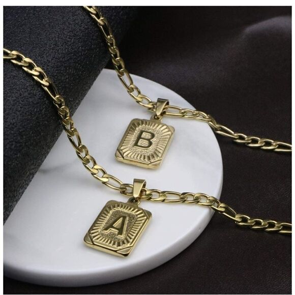 Unisex Gold Initial Block Letter Chain Necklace - Picture 1 of 10